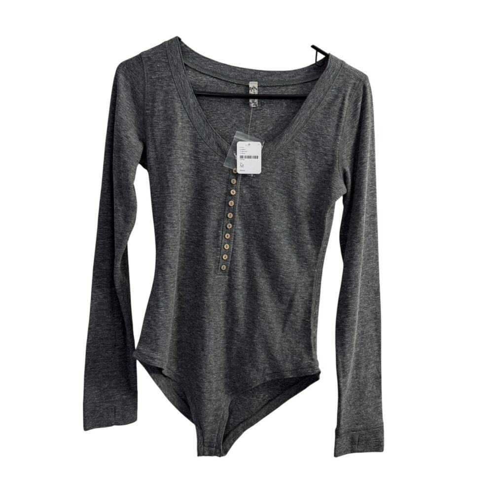Free People FP Intimately Dylan Bodysuit Womens Medium Gray Long Sleeve Thermal